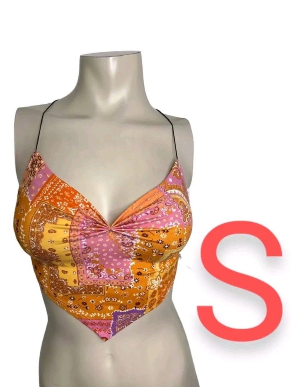 🆕Orange & Pink Handkerchief Bandana Print Bungee Strap Crop Top~Size S